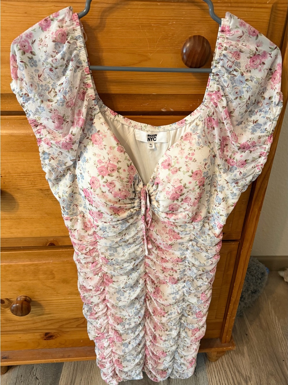 NYC Floral Ruched Pink & Cream Dress